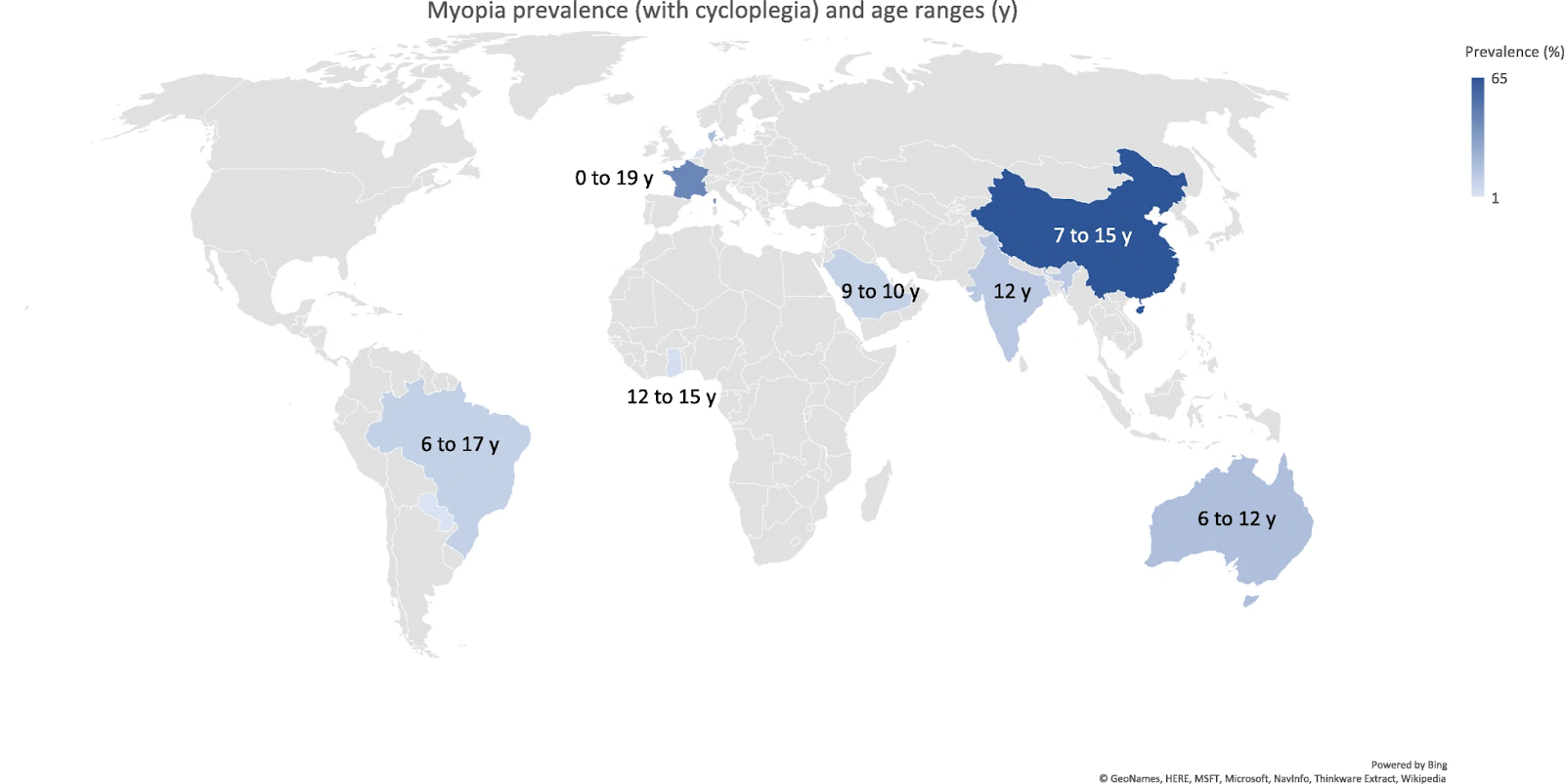 Geographical and age breakdown in myopia prevalence (cycloplegic measurements). Maps were adapted from Bing©GeoNames, HERE, MSFT, Microsoft, NavInfo, Thinkware Extract, Wikipedia (Source: https://bmcophthalmol.biomedcentral.com/articles/10.1186/s12886-019-1220-0)